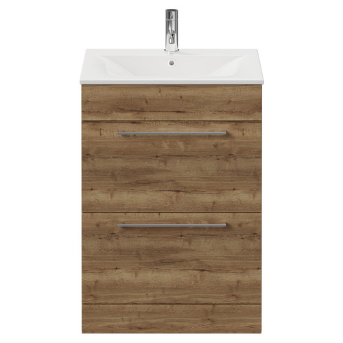 Napoli Tobacco Oak 600mm Floor Standing Vanity Unit with 1 Tap Hole Minimalist Basin and 2 Drawers with Chrome Handles View from Front