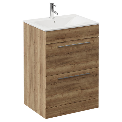 Napoli Tobacco Oak 600mm Floor Standing Vanity Unit with 1 Tap Hole Minimalist Basin and 2 Drawers with Chrome Handles Left Hand View