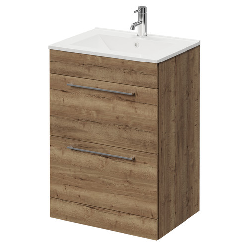Napoli Tobacco Oak 600mm Floor Standing Vanity Unit with 1 Tap Hole Minimalist Basin and 2 Drawers with Chrome Handles Right Hand View