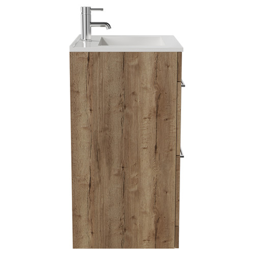 Napoli Tobacco Oak 600mm Floor Standing Vanity Unit with 1 Tap Hole Minimalist Basin and 2 Drawers with Chrome Handles View from Side
