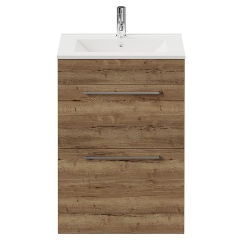 Napoli Tobacco Oak 600mm Floor Standing Vanity Unit with 1 Tap Hole Minimalist Basin and 2 Drawers with Chrome Handles View from Front