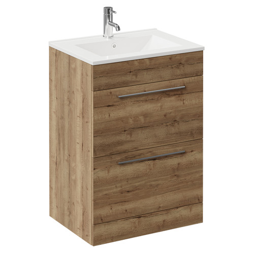 Napoli Tobacco Oak 600mm Floor Standing Vanity Unit with 1 Tap Hole Minimalist Basin and 2 Drawers with Chrome Handles Left Hand View