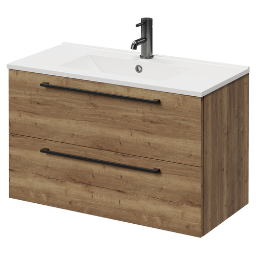 Napoli Tobacco Oak 800mm Wall Mounted Vanity Unit with 1 Tap Hole Minimalist Basin and 2 Drawers with Gunmetal Grey Handles Right Hand View