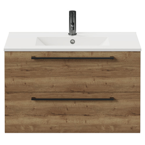 Napoli Tobacco Oak 800mm Wall Mounted Vanity Unit with 1 Tap Hole Minimalist Basin and 2 Drawers with Gunmetal Grey Handles View from Front