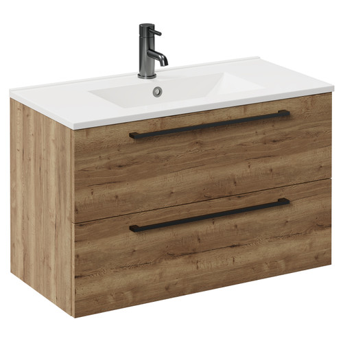 Napoli Tobacco Oak 800mm Wall Mounted Vanity Unit with 1 Tap Hole Minimalist Basin and 2 Drawers with Gunmetal Grey Handles Left Hand View