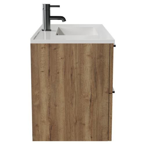 Napoli Tobacco Oak 800mm Wall Mounted Vanity Unit with 1 Tap Hole Minimalist Basin and 2 Drawers with Gunmetal Grey Handles View from Side