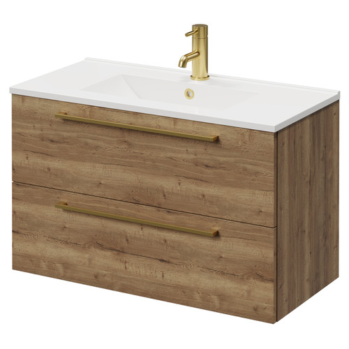 Napoli Tobacco Oak 800mm Wall Mounted Vanity Unit with 1 Tap Hole Minimalist Basin and 2 Drawers with Brushed Brass Handles Right Hand View
