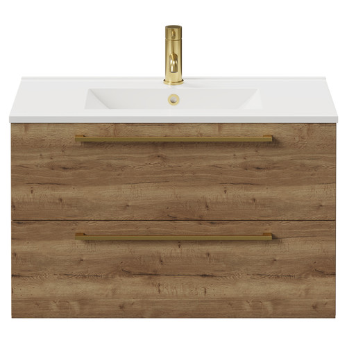 Napoli Tobacco Oak 800mm Wall Mounted Vanity Unit with 1 Tap Hole Minimalist Basin and 2 Drawers with Brushed Brass Handles View from Front