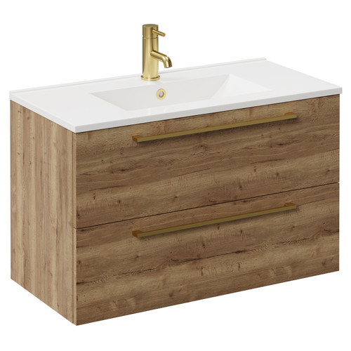 Napoli Tobacco Oak 800mm Wall Mounted Vanity Unit with 1 Tap Hole Minimalist Basin and 2 Drawers with Brushed Brass Handles Left Hand View