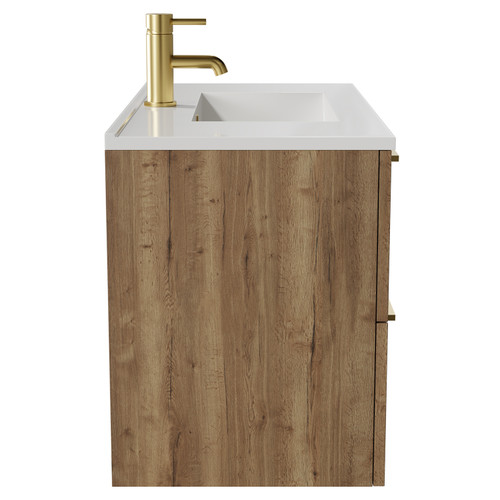 Napoli Tobacco Oak 800mm Wall Mounted Vanity Unit with 1 Tap Hole Minimalist Basin and 2 Drawers with Brushed Brass Handles View from Side
