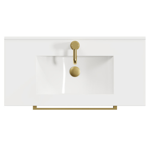 Napoli Tobacco Oak 800mm Wall Mounted Vanity Unit with 1 Tap Hole Minimalist Basin and 2 Drawers with Brushed Brass Handles View from Top
