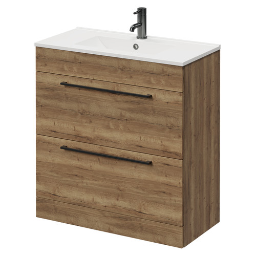 Napoli Tobacco Oak 800mm Floor Standing Vanity Unit with 1 Tap Hole Minimalist Basin and 2 Drawers with Gunmetal Grey Handles Right Hand View