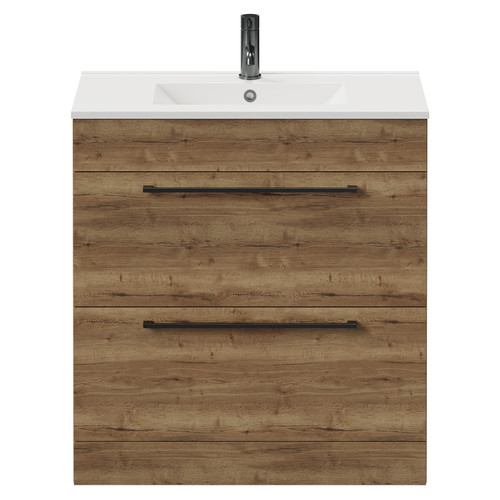 Napoli Tobacco Oak 800mm Floor Standing Vanity Unit with 1 Tap Hole Minimalist Basin and 2 Drawers with Gunmetal Grey Handles View from Front