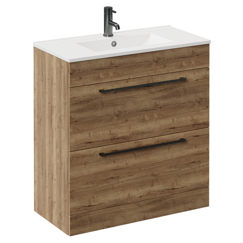 Napoli Tobacco Oak 800mm Floor Standing Vanity Unit with 1 Tap Hole Minimalist Basin and 2 Drawers with Gunmetal Grey Handles Left Hand View