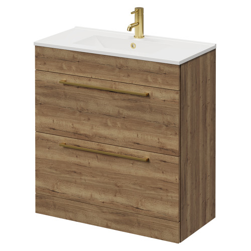 Napoli Tobacco Oak 800mm Floor Standing Vanity Unit with 1 Tap Hole Minimalist Basin and 2 Drawers with Brushed Brass Handles Right Hand View