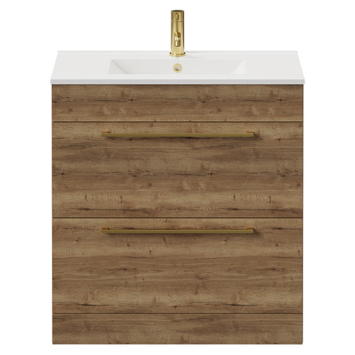 Napoli Tobacco Oak 800mm Floor Standing Vanity Unit with 1 Tap Hole Minimalist Basin and 2 Drawers with Brushed Brass Handles View from Front