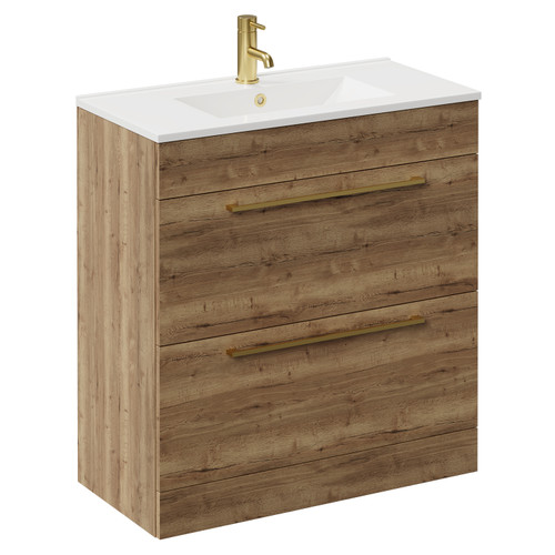 Napoli Tobacco Oak 800mm Floor Standing Vanity Unit with 1 Tap Hole Minimalist Basin and 2 Drawers with Brushed Brass Handles Left Hand View