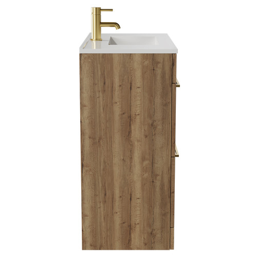 Napoli Tobacco Oak 800mm Floor Standing Vanity Unit with 1 Tap Hole Minimalist Basin and 2 Drawers with Brushed Brass Handles View from Side
