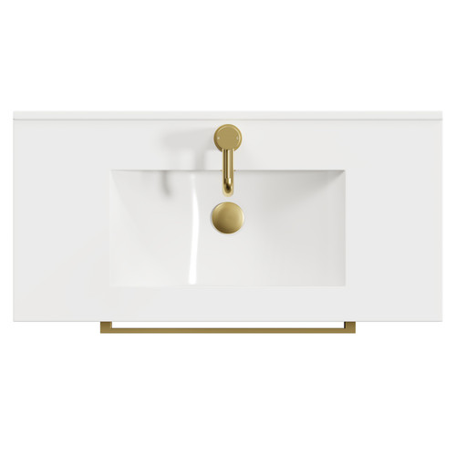Napoli Tobacco Oak 800mm Floor Standing Vanity Unit with 1 Tap Hole Minimalist Basin and 2 Drawers with Brushed Brass Handles View from Top