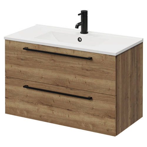 Napoli Tobacco Oak 800mm Wall Mounted Vanity Unit with 1 Tap Hole Minimalist Basin and 2 Drawers with Matt Black Handles Right Hand View