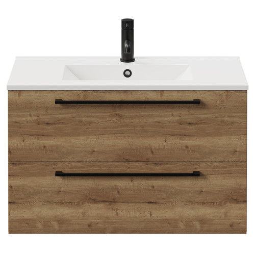 Napoli Tobacco Oak 800mm Wall Mounted Vanity Unit with 1 Tap Hole Minimalist Basin and 2 Drawers with Matt Black Handles View from Front