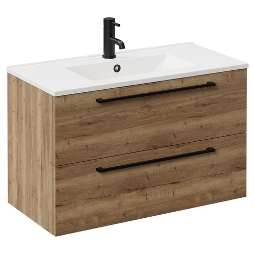 Napoli Tobacco Oak 800mm Wall Mounted Vanity Unit with 1 Tap Hole Minimalist Basin and 2 Drawers with Matt Black Handles Left Hand View