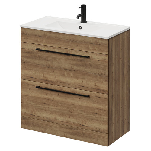 Napoli Tobacco Oak 800mm Floor Standing Vanity Unit with 1 Tap Hole Minimalist Basin and 2 Drawers with Matt Black Handles Right Hand View