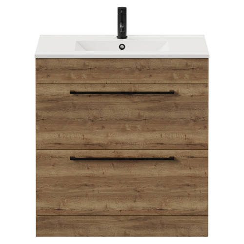 Napoli Tobacco Oak 800mm Floor Standing Vanity Unit with 1 Tap Hole Minimalist Basin and 2 Drawers with Matt Black Handles View from Front
