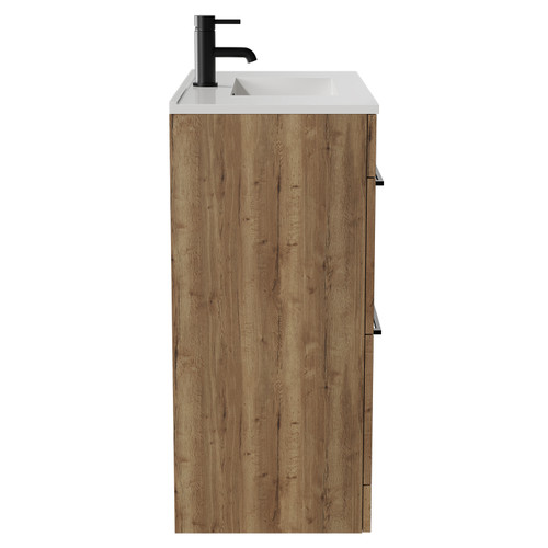 Napoli Tobacco Oak 800mm Floor Standing Vanity Unit with 1 Tap Hole Minimalist Basin and 2 Drawers with Matt Black Handles View from Side