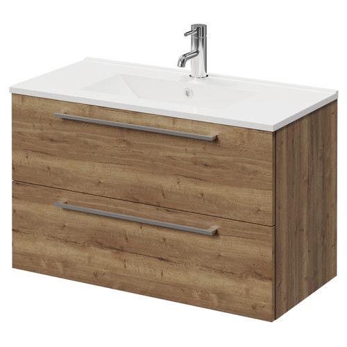Napoli Tobacco Oak 800mm Wall Mounted Vanity Unit with 1 Tap Hole Minimalist Basin and 2 Drawers with Chrome Handles Right Hand View