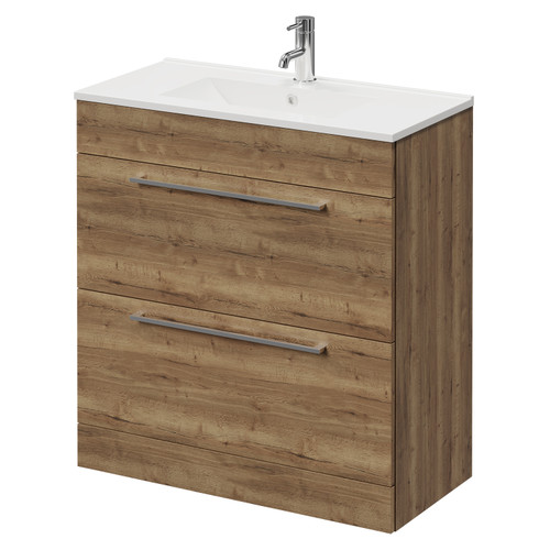 Napoli Tobacco Oak 800mm Floor Standing Vanity Unit with 1 Tap Hole Minimalist Basin and 2 Drawers with Chrome Handles Right Hand View
