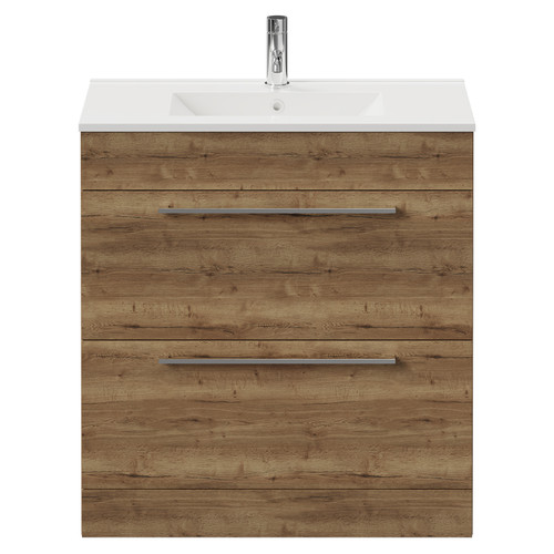 Napoli Tobacco Oak 800mm Floor Standing Vanity Unit with 1 Tap Hole Minimalist Basin and 2 Drawers with Chrome Handles View from Front