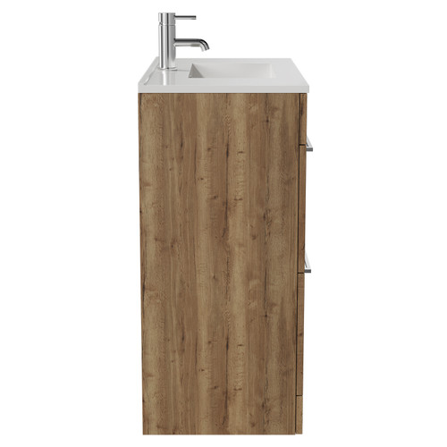 Napoli Tobacco Oak 800mm Floor Standing Vanity Unit with 1 Tap Hole Minimalist Basin and 2 Drawers with Chrome Handles View from Side