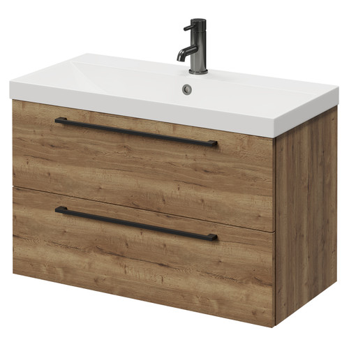 Napoli Tobacco Oak 800mm Wall Mounted Vanity Unit with 1 Tap Hole Slim Edge Basin and 2 Drawers with Gunmetal Grey Handles Right Hand View