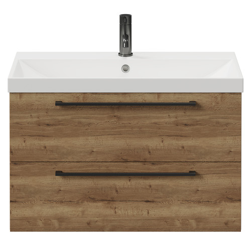 Napoli Tobacco Oak 800mm Wall Mounted Vanity Unit with 1 Tap Hole Slim Edge Basin and 2 Drawers with Gunmetal Grey Handles View from Front