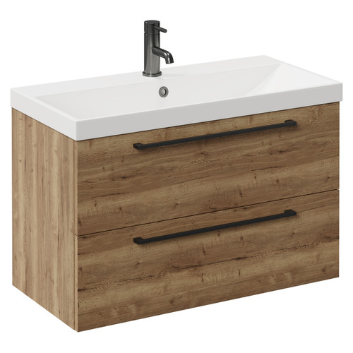 Napoli Tobacco Oak 800mm Wall Mounted Vanity Unit with 1 Tap Hole Slim Edge Basin and 2 Drawers with Gunmetal Grey Handles Left Hand View