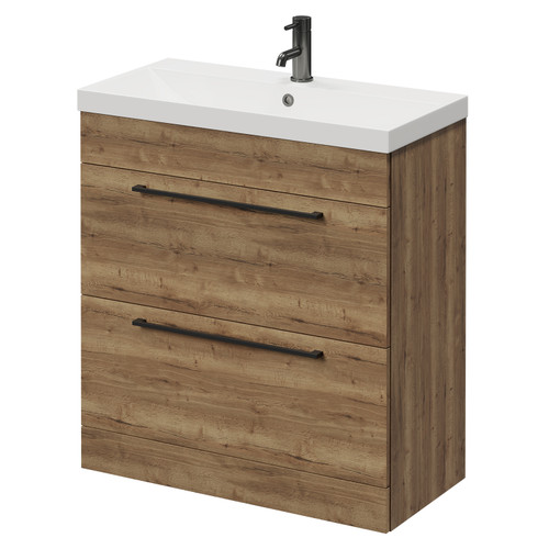 Napoli Tobacco Oak 800mm Floor Standing Vanity Unit with 1 Tap Hole Slim Edge Basin and 2 Drawers with Gunmetal Grey Handles Right Hand View
