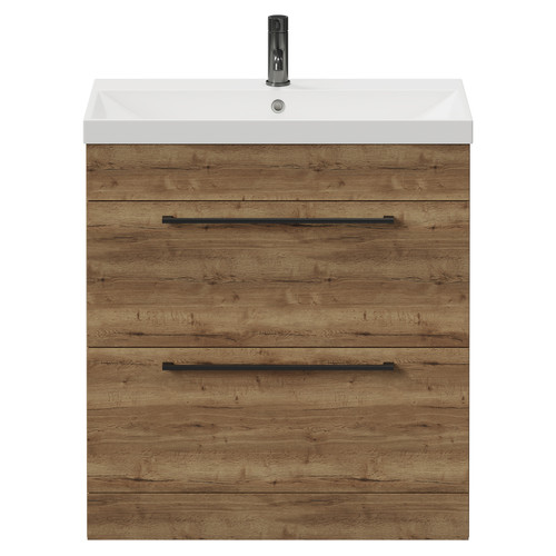 Napoli Tobacco Oak 800mm Floor Standing Vanity Unit with 1 Tap Hole Slim Edge Basin and 2 Drawers with Gunmetal Grey Handles View from Front