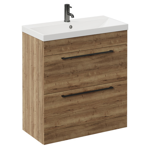 Napoli Tobacco Oak 800mm Floor Standing Vanity Unit with 1 Tap Hole Slim Edge Basin and 2 Drawers with Gunmetal Grey Handles Left Hand View