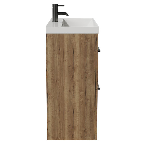 Napoli Tobacco Oak 800mm Floor Standing Vanity Unit with 1 Tap Hole Slim Edge Basin and 2 Drawers with Gunmetal Grey Handles View from Side