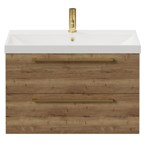 Napoli Tobacco Oak 800mm Wall Mounted Vanity Unit with 1 Tap Hole Slim Edge Basin and 2 Drawers with Brushed Brass Handles View from Front