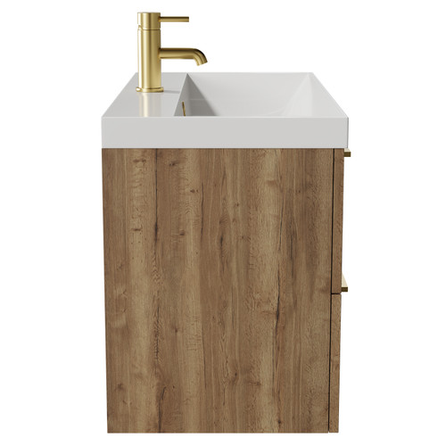 Napoli Tobacco Oak 800mm Wall Mounted Vanity Unit with 1 Tap Hole Slim Edge Basin and 2 Drawers with Brushed Brass Handles View from Side