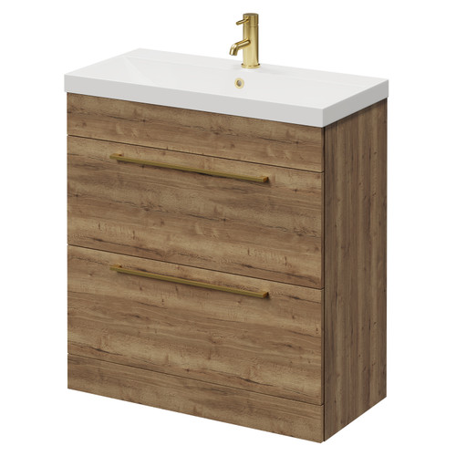Napoli Tobacco Oak 800mm Floor Standing Vanity Unit with 1 Tap Hole Slim Edge Basin and 2 Drawers with Brushed Brass Handles Right Hand View
