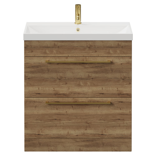 Napoli Tobacco Oak 800mm Floor Standing Vanity Unit with 1 Tap Hole Slim Edge Basin and 2 Drawers with Brushed Brass Handles View from Front
