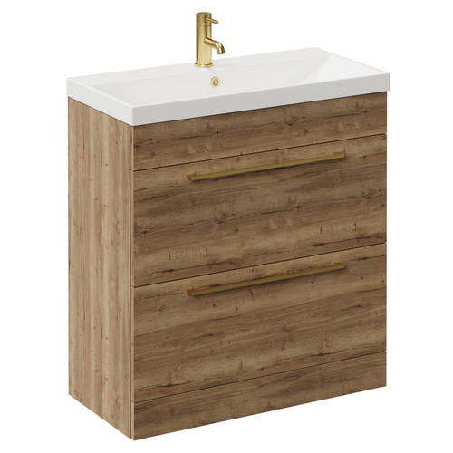 Napoli Tobacco Oak 800mm Floor Standing Vanity Unit with 1 Tap Hole Slim Edge Basin and 2 Drawers with Brushed Brass Handles Left Hand View