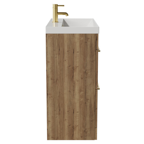 Napoli Tobacco Oak 800mm Floor Standing Vanity Unit with 1 Tap Hole Slim Edge Basin and 2 Drawers with Brushed Brass Handles View from Side