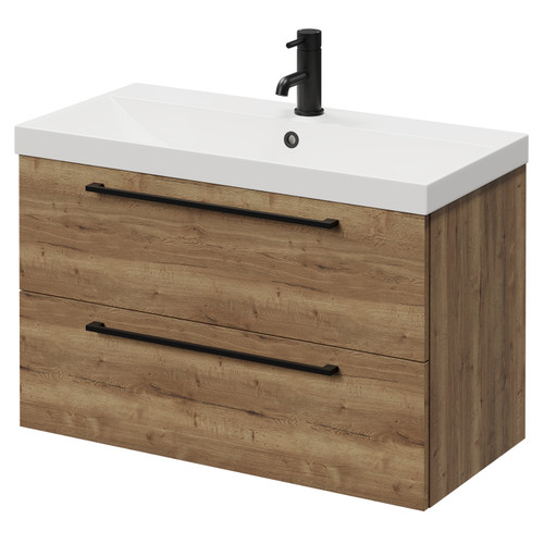 Napoli Tobacco Oak 800mm Wall Mounted Vanity Unit with 1 Tap Hole Slim Edge Basin and 2 Drawers with Matt Black Handles Right Hand View