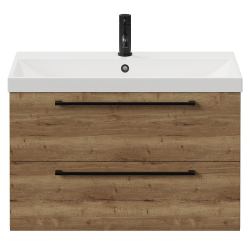 Napoli Tobacco Oak 800mm Wall Mounted Vanity Unit with 1 Tap Hole Slim Edge Basin and 2 Drawers with Matt Black Handles View from Front