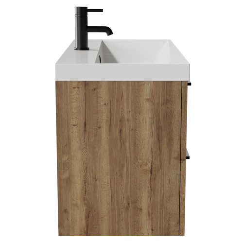 Napoli Tobacco Oak 800mm Wall Mounted Vanity Unit with 1 Tap Hole Slim Edge Basin and 2 Drawers with Matt Black Handles View from Side