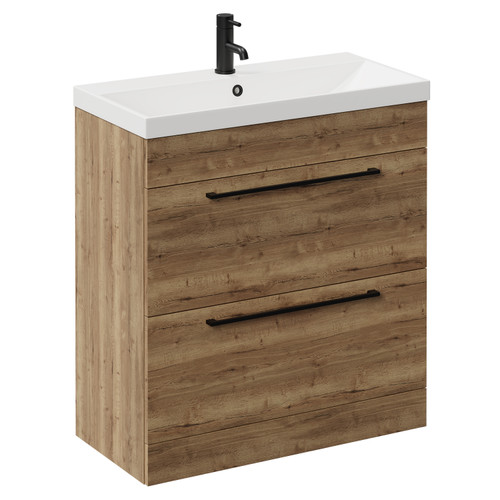 Napoli Tobacco Oak 800mm Floor Standing Vanity Unit with 1 Tap Hole Slim Edge Basin and 2 Drawers with Matt Black Handles Left Hand View